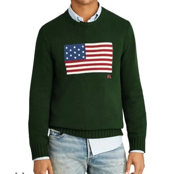 POLO Ralph Lauren Dark Green Crewneck Sweater with Flag - Picture 1 of 5
